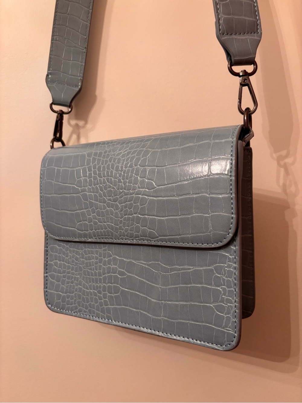 Croc-Embossed Light Blue Crossbody Bag with Wide Strap